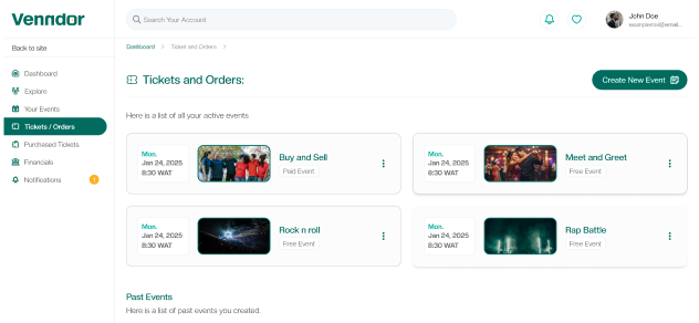 Venndor ticketing dashboard showing active events